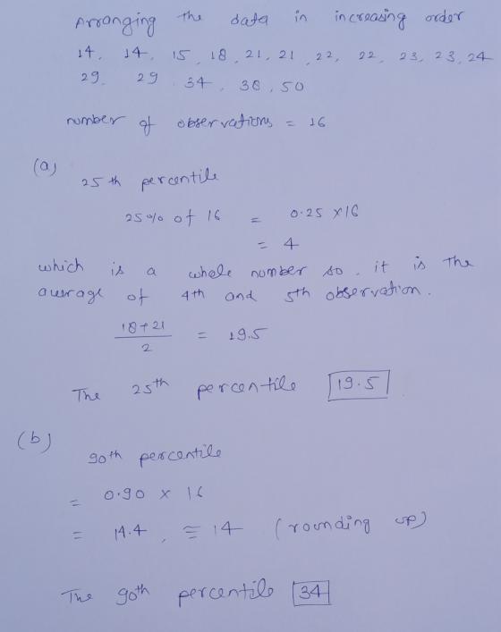 the data in increasing order Arranging 14 14, 29 29 15 18. 21, 21 22 22, 23 23 24 34 30, so number of observations = 16 (a 25