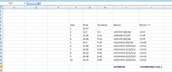 P17 - fx Year Dividend Return Return + 1 =1+17 0.3 0.31 0.33 Price 22.57 22.9 22.26 24.08 25.9 27.98 22.62 24.33 26.98 32.23