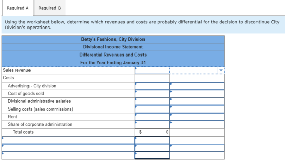 Required A Required B Using the worksheet below, determine which revenues and costs are probably differential for the decisio
