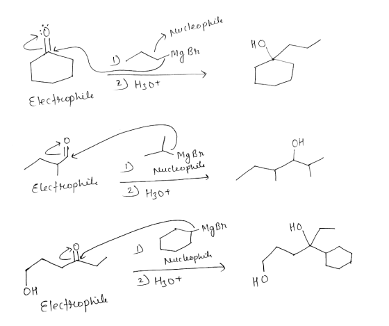 > uwcleophile HO - D . mg sr 2) Hot Electrophile 애 Sier - Mg Br D nucleophile 2) H₃ot Electrophile MOBA nucleophich 2) H₃ot O