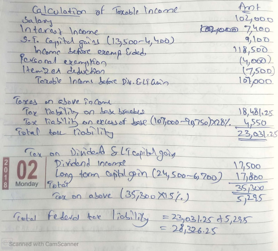 Calculation of Toxable income Salary Interest Income Se To Capital gains (13,5oork, hoo) Income before exemp Erded temaah ded