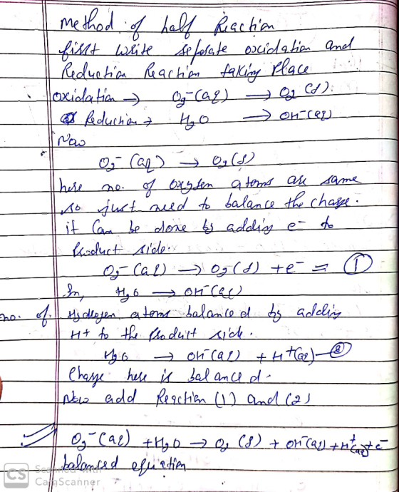 method of half Reaction fillt write se ferate oxidation and Reduction Reaction falling Place hood foxidation of cag) 2 CS): X