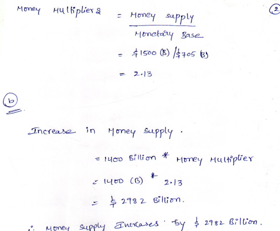 Money Multipliera = Money supply Monetary Base $1500 (B) / 705 By 2.13 Increase in Money supply * = 1400 Billion Money Multip