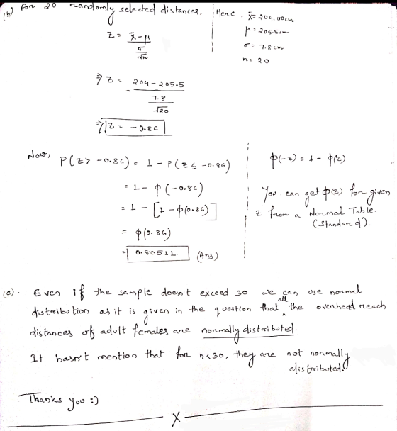 for 20 15) candomly selected distances. Here . 34.704, soen z = ² - 4 p=205.5cm : 7.8cm n: 20 7z - 204-205.5 7.8 20 =//== - 0