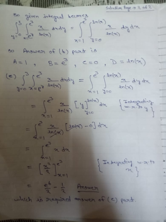 Solution Page 2 of 2 so given integral becomes Bo Answer of (6) past is A=l, Bré, eso , D = 4(a) c ă penta) y=on=p L a gente