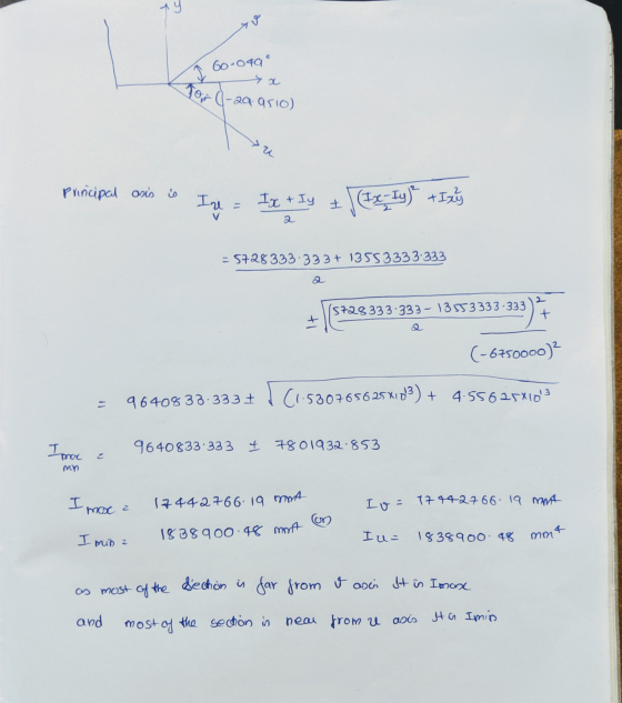КУ que I 60-049 For (-29.9510) yu Principal asis is Il Ix + Iy + (tx=ty)* +Izs 2 - 5728333.333+ 13553333333 2 2 5728333.333