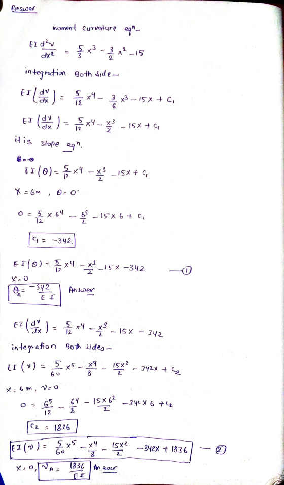 Answer moment curvature eqa- El d²u dx² wilay 5 73 23 x-15 integration Both Side- File - 4 - 2 13 -15+ C, El lado del Exe x4