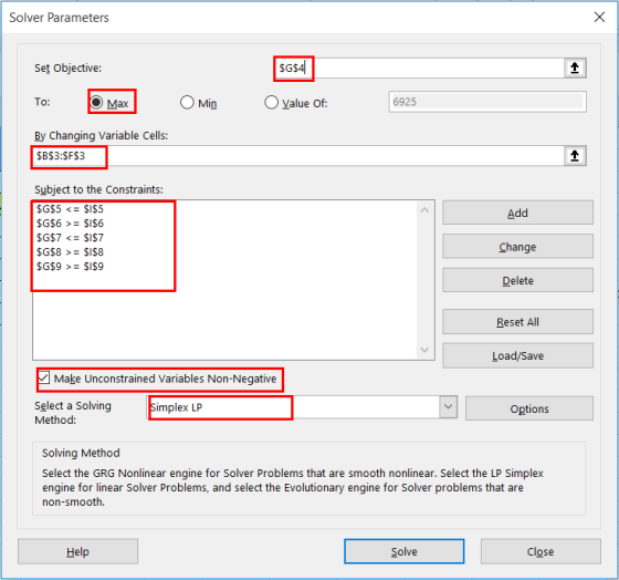 Solver Parameters х Set Objective: $G$4 1 To: Max Min Value Of: 6925 By Changing Variable Cells: $B$3:$F$3 Add Subject to the