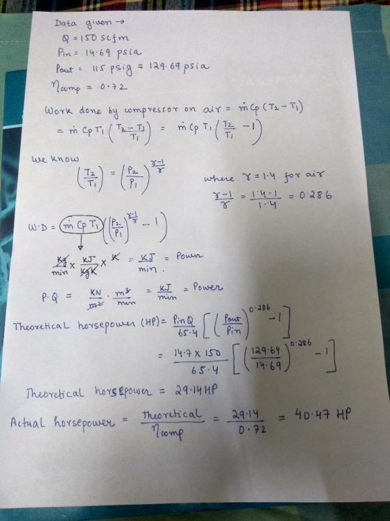 Data given → Q = 150 scom Pin = 14.69 psia Paut = 115psig = 129.69 psia Ncomp = 0.72 We know where 8=1.4 for air Work done by
