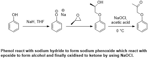 OH O Na OH NaOCI, acetic acid NaH, THF 0°C Phenol react with sodium hydride to form sodium phenoxide which react with epoxide