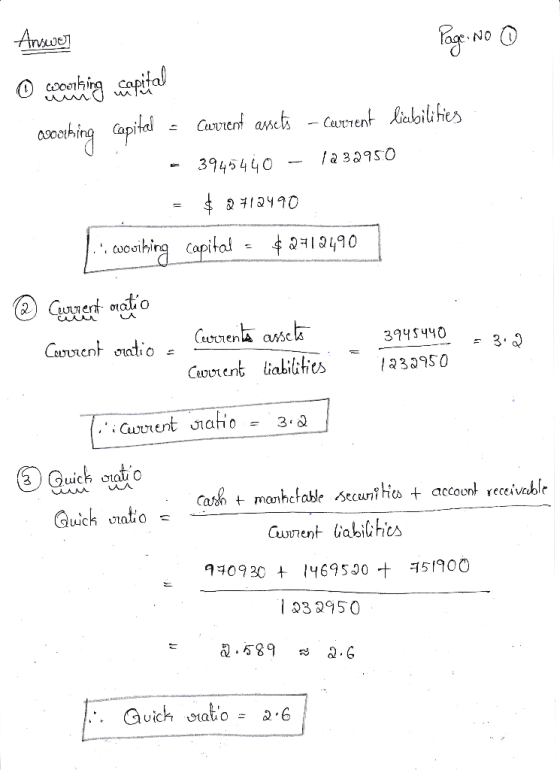 Aneuer Page: No 0 o working capital 2000rking Capital - Current assets - Current liabilities - 3945440 - 1282950 = $ 2712490
