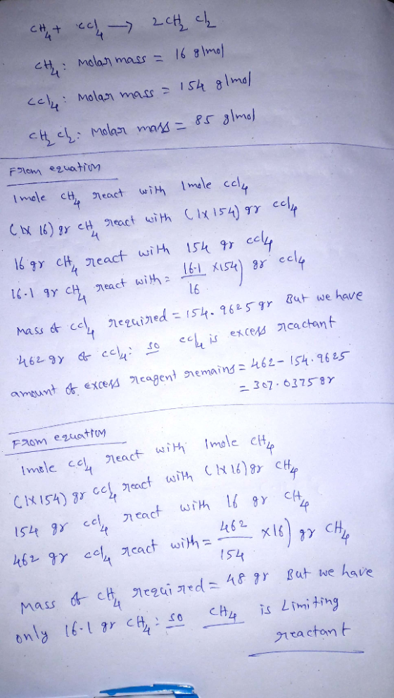 2cH ch oal& 91 ISh 81mal H Molan mass= Cc Molan mass CHcl: Molan madニ8r almol FRom ezuatrm Imale c neact wih Imele cel N 16)