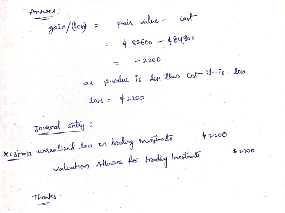 Answer! . . gain/ (los) = Fair value - cost $ 62600 – $84 800 3 - 2200 as p-value is less there cost-il- is loss = $2200 loss