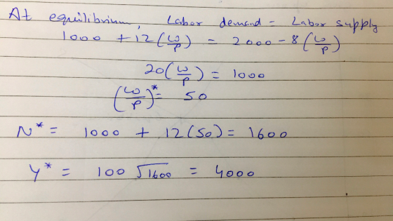 At equilibrium labor demand - Laber supply Tooo + 12 (w) - 2000 - 8 (6) 20(W) = love - N*= 1000 t 12 (so) = 1600 Y* = 100 516