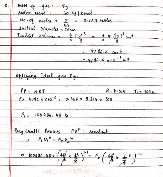 mass of gas B.g. Molar mass 30 kg/kmol. No.of_molesneş 0:16.7 moles. Initial Diameter room Initial volume 4 Tds - q r (200 cm