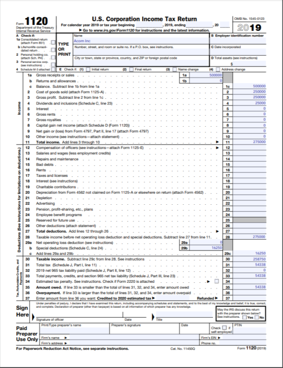 U.S. Corporation Income Tax Return , 2019, ending OMB No. 1545-0123 .1120 Fam Department of the Treasury Internal Revenue Ser