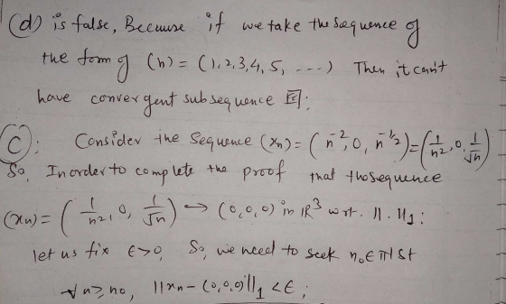 (d) is false, Because if we take the sequence of the form of (n)= (1,2,3,4,5, ...) Then it cant have convergent subsequence