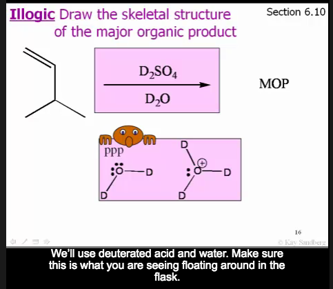 Illogic Draw the skeletal structure Section 6.10 of the major organic product D2SO4 MOP D20 SO D 16 Well use deuterated acid and water. Make sure this is what you are seeing floating around in the flask.