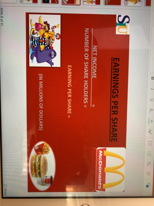 B U A A SU EARNINGS PER SHARE McDonalds NET INCOME NUMBER OF SHARE HOLDERS = EARNING PER SHARE = (IN MILLIONS OF DOLLARS) No