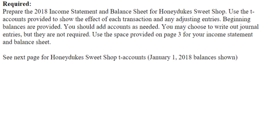 Required: Prepare the 2018 Income Statement and Balance Sheet for Honeydukes Sweet Shop. Use the t- accounts provided to show