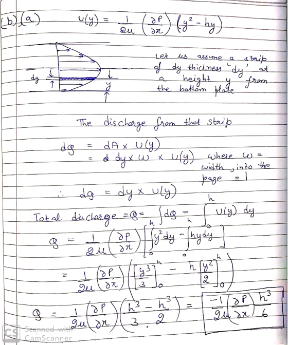 (b) (a) u(y) = 4( 3P (y? - hy) Let & a us assume a strip dy thickness dy at height JU from the bottom blage The discharge fr
