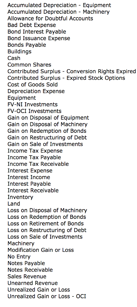Accumulated Depreciation - Equipment Accumulated Depreciation - Machinery Allowance for Doubtful Accounts Bad Debt Expense Bond Interest Payable Bond Issuance Expense Bonds Payable Buildings Cash Common Shares Contributed Surplus - Conversion Rights Expired Contributed Surplus - Expired Stock Options Cost of Goods Sold Depreciation Expense Equipment FV-NI Investments FV-OCI Investments Gain on Disposal of Equipment Gain on Disposal of Machinery Gain on Redemption of Bonds Gain on Restructuring of Debt Gain on Sale of Investments Income Tax Expense Income Tax Payable Income Tax Receivable Interest Expense Interest Income Interest Payable Interest Receivable Inventory Land Loss on Disposal of Machinery Loss on Redemption of Bonds Loss on Retirement of Bonds Loss on Restructuring of Debt Loss on Sale of Investments Machinery Modification Gain or Loss No Entry Notes Payable Notes Receivable Sales Revenue Unearned Revenue Unrealized Gain or Loss Unrealized Gain or Loss - OCI