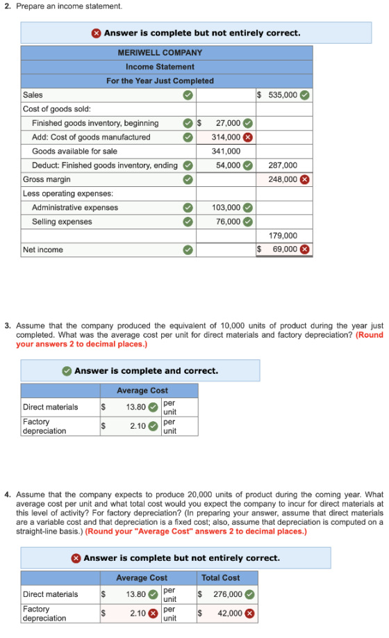 2. Prepare an income statement. Answer is complete but not entirely correct. MERIWELL COMPANY Income Statement For the Year J