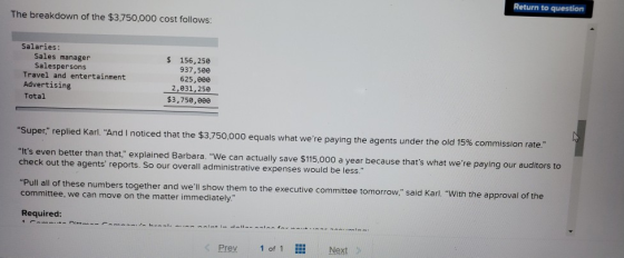 Return to question The breakdown of the $3,750,000 cost follows: Salaries: Sales manager Salespersons Travel and entertainmen