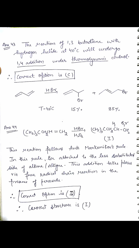 Ans 43 of The Meation 1,3 butadiene with hydrogen halide at 40°C will undergo 1,4 addition under therematynomic control :: Co