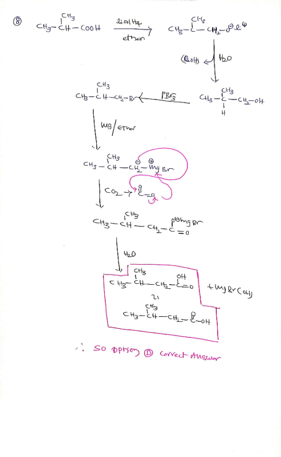 CH3 CH₃-CH-Cool CH₂ lialta ethen - CH₂-&- ch. 8.li Qofts H2O CH3 3 C12 CH3-CH-CH₂-Brk PBC -c-CH₂-OH ws/ether CH3 CH₃ - CH CH