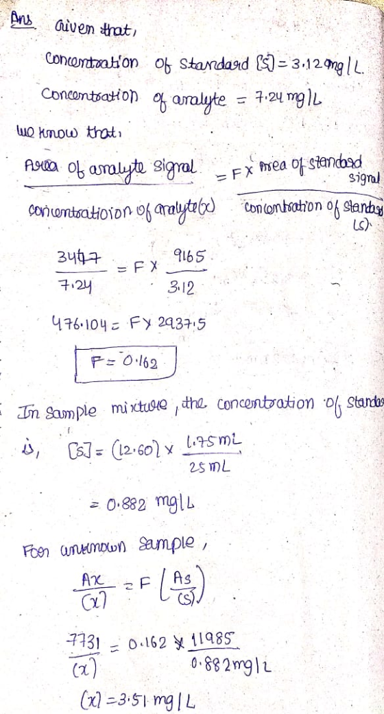 An aiven tthat Conotaon 0 Standasd = 3.12ng/L Concomtsation % aralyte = 724 mg lL uo kmow thot FX ea of standasd Sigral Aa o
