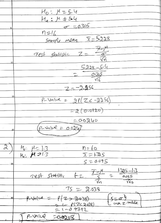 Ho: M=5.4 Hail & 54 o=0.305 nalo sample mean 50=5228 Test statistic z = 2 5.22845.4 2 .-2.956 P-value = gel2c-2256) - 20.0120