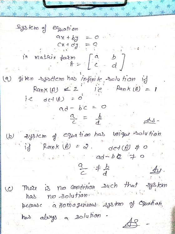 system af equation ay +59 cut di in mateix ferm A- [a b d given sysetem has infinite Solution it Rank (A3 + 2 1e Rank LA) = 1