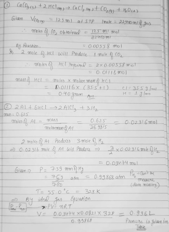 16 CaCO3(s) + 2HClap, CaCl₂ cap. st CO₂(g) + Ou) Given Vecm) = 125m) at STP Imole = 22.400m) o gus moles) (0, Obtaimel - 125