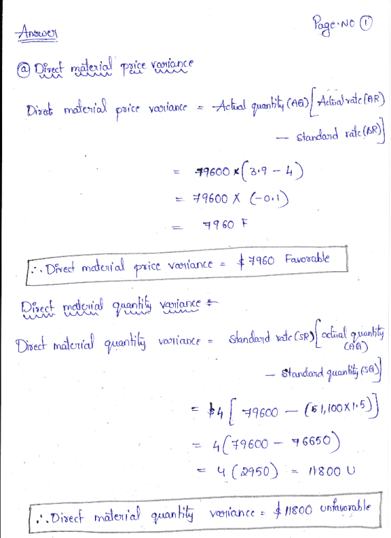 Answer Page No 0 @ Diyet materiale price verance Dised material price variance = Actual quantity (Aa)) Aclüalwate (AR) - stan