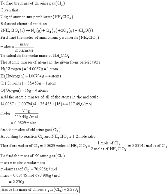 To find the mass of chlorine gas (C1,) Given that 7.4g of ammonium perchlorate (NH,C10.) Balanced chemical reaction 2NH, 40,(