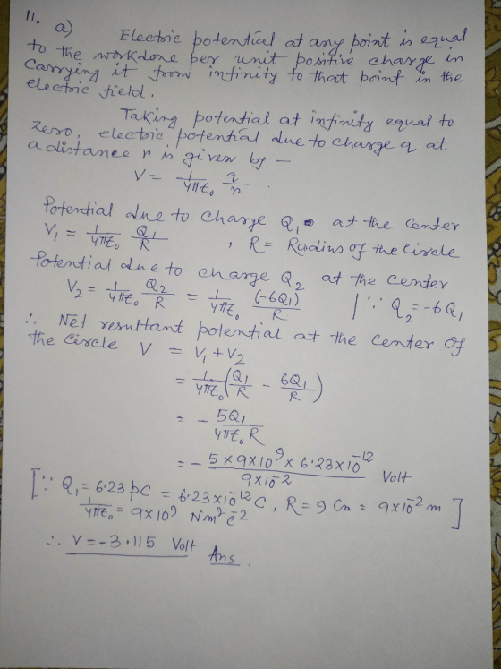 Elcebie botenhal at any poit Canryǐ.nd itー.frmw ^.nfinity to that Am the ero, tecte potenhal alne to chargea at electnie greld Ta inz potential at infnety euaf to re potential olnu to Chane 3뜁 a he (Ander ysta 웃1_ ,R.= Radiu/) ơf.te einde. fatential clne to aharge at The ytte,一て- : Net veutant potential ot the Center of VTR -12 Volt 9X10万 -. γ=-3,115 Volf