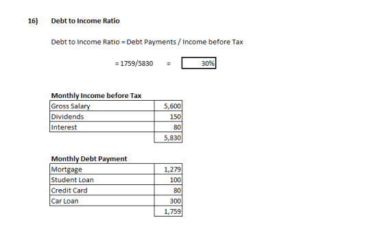 16) Debt to Income Ratio Debt to Income Ratio - Debt Payments / Income before Tax = 1759/5830 = 30% 5,600 Monthly Income befo