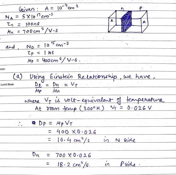 A = 10-cm 2 Given: A = NA = 5X10 11cm-3 loons Mn = 700cm ²/v-s A In and , ND cm-3 15 jo Zp INS Mp = 400cm 2/ V-s. noon (a) U