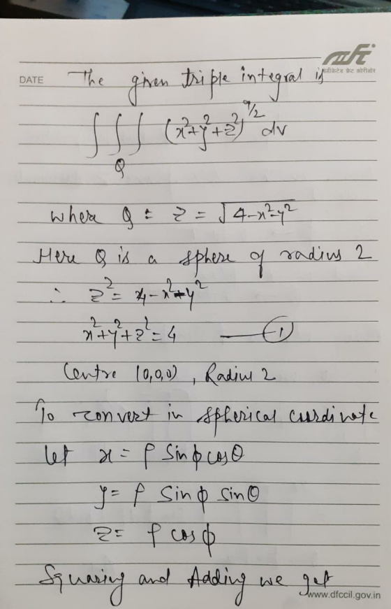 सीकेटेड फ्रेट कोरीडोर DATE The triple giren integral St (waja3 ½ dv 9 where ga? = J 4.7242 Here o is a sphere of rading 2 2 .