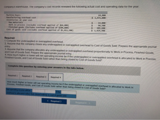 companys warehouse. The companys cost records revealed the following actual cost and operating data for the year. 64,000 $