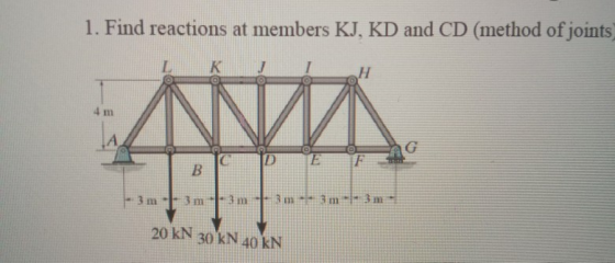 1. Find reactions at members KJ, KD and CD (method of joints K H 4 m G D F B 3 m3 m3 m3 m3 m3 m 20 KN 30 kN 40 KN