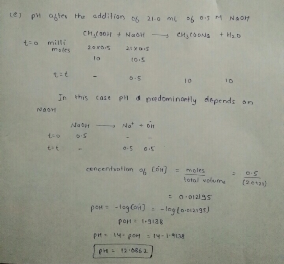 ce) pH after the addition of 21.0 ml of 0.5 M Noon CH₃COOH + NaOH crezcooNa + H₂O to milli moles 20x0.5 218015 10.5 1o t=t 0.