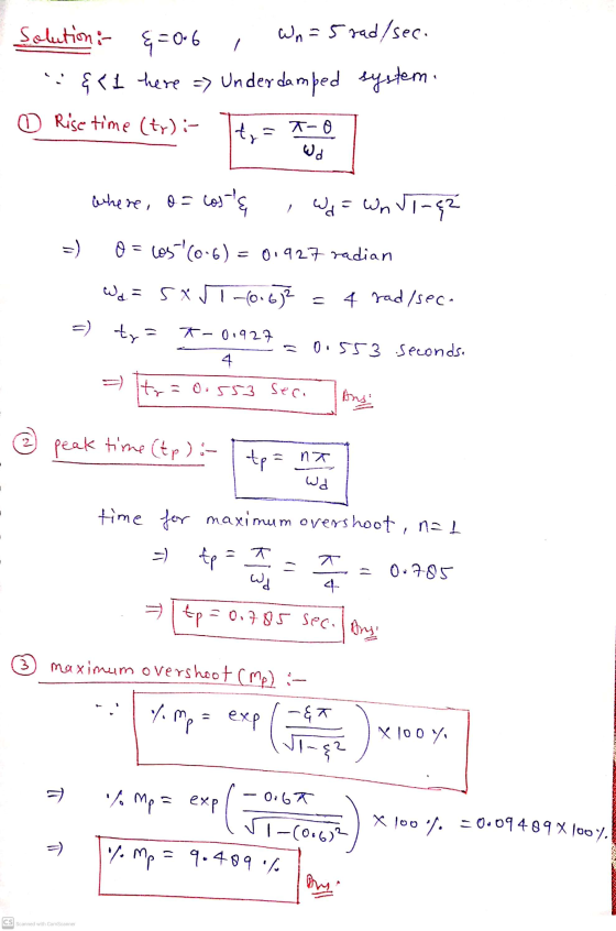 =) th= *-0.927 = 0.09489 % 100% solution : 4=0.6 Wn = 5 rad/sec. &< 1 here => Underdamped system. ☺ Rise time (tr) :- T-0 tr