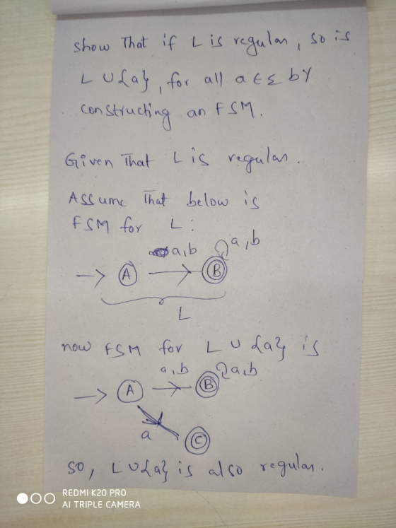 show that if his regulas, so is Lulay, for all a te by. constructing an FSM. Given that is regulas. Assume that below is FSM