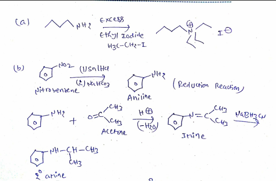 E xcess Ca) NH2 ethyl odide H3C-C-L -No 2 (UsnlHa (q) Reduction Reachan itrovenzene Aniine vериз Acetsne Inine NH-CH-CH2 anin