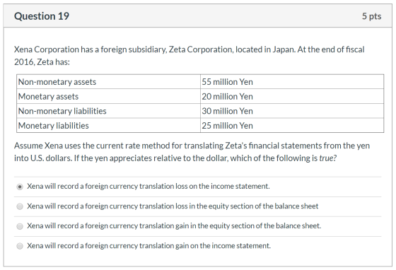Question 19 5 pts Xena Corporation has a foreign subsidiary, Zeta Corporation, located in Japan. At the end of fiscal 2016, Z