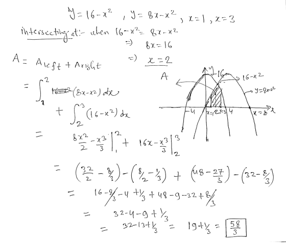 = 16-0² =) A= Aleft & Aright y= , y = 8x-x² > -1, X-3 intersecting at then 16-Y?= 82-42 8x=16 -) А 3 (8x-x2) ate x=2 2. 7 16-