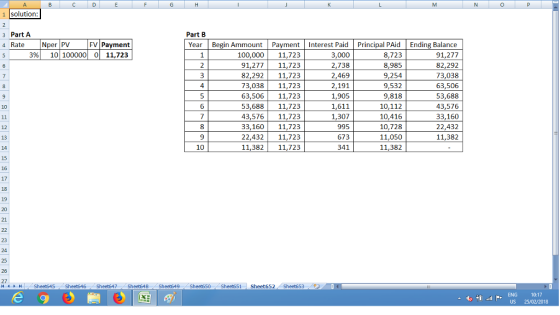 1 solution: Part B Year Begin Ammount Payment Interest Paid Principal PAidEnding Balance 3 Part A 4 4 Rate Nper PV FV Payment