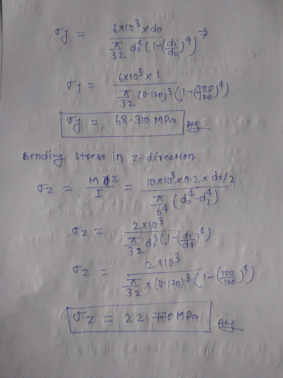 6x103 x do Id}(1-10) 6x103 x 1 32 Ty 2-10) (-48019 g 68.310 MPa. Aug Bending stress in 2-direction Oz = Moz I 10x10°*0.2 x do